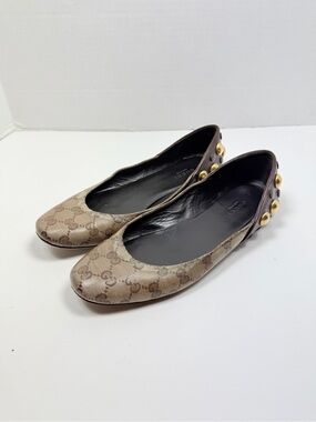 Vintage Gucci brown leather ballet flats with gold studs